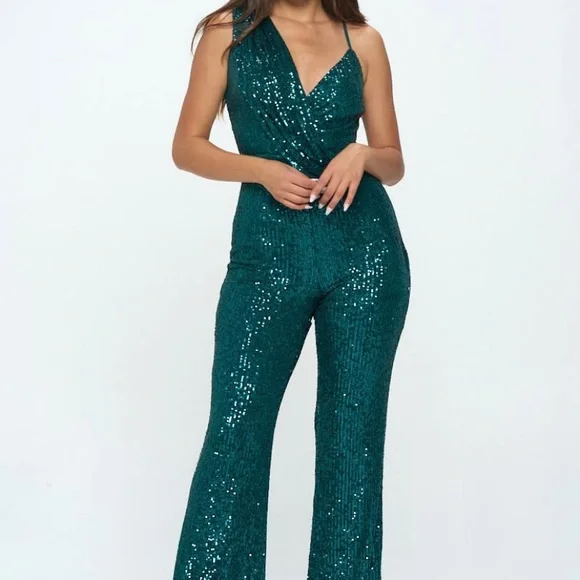 Ricarica Emerald Green Sleeveless Sequin Jumpsuit - Picture 4 of 5